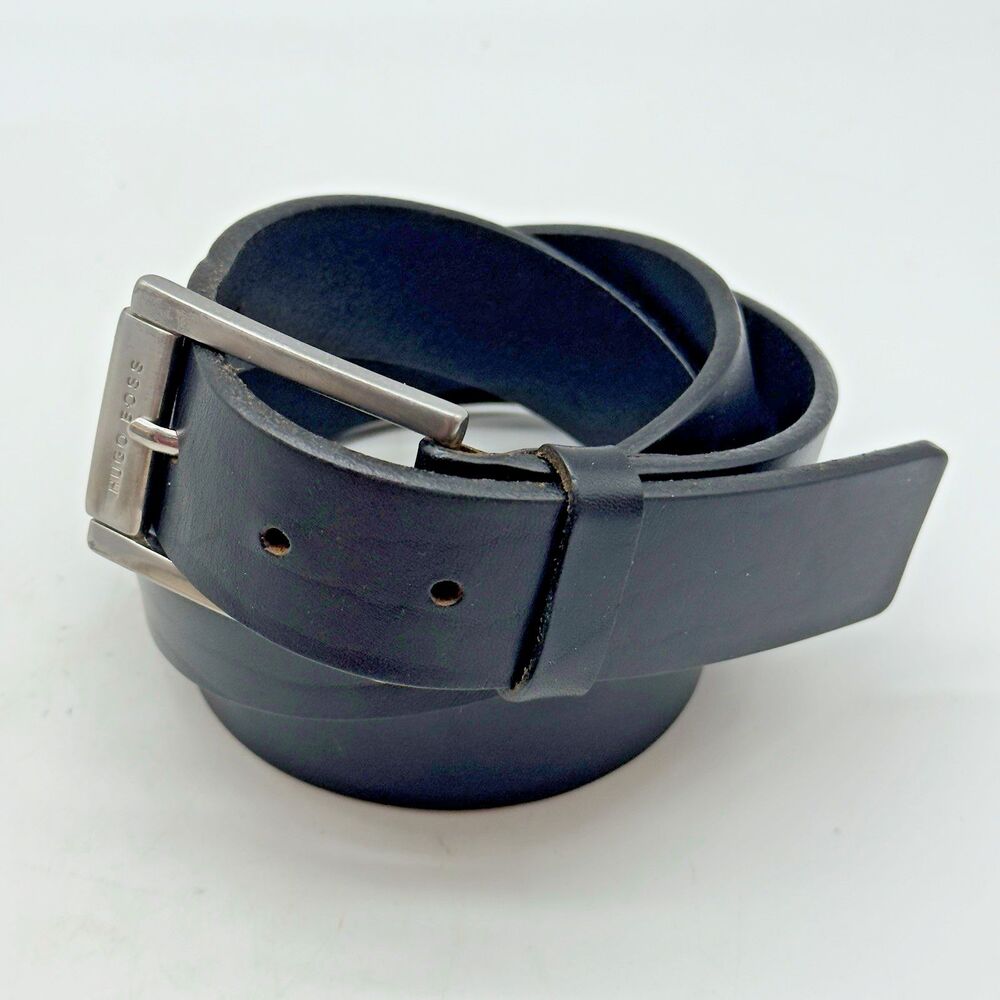 Hugo Boss Black Cow Leather Belt Men's 38 Engraved HB Silver Tone Buckle 5128